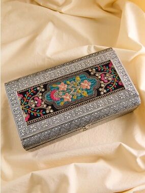 XL Silver Floral Fabric Metal Jewelry Box